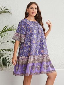 Plus Size Dresses Summer Purple Round Neck Loose Fashion Womens