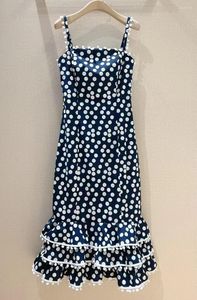 Casual Dresses Top Quality Women's Dress 2023 Summer Party Evening Ladies Spaghetti Strap Polka Dot Print Tassel Deco Mid-Calf Dark Blue