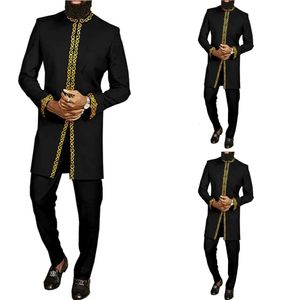 Herrspårar Dashiki Men 2 Piece Outfit Set Printed Black Business Casual Style Fashion Ethnic Style Wedding Suit Kaftan For Men 230714