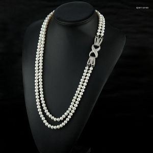 Ketten verkaufen natürliche 7-7,5 mm weiße Süßwasserperlen-Halskette mit acht Schnallen, mehrschichtige Pulloverkette, langer Modeschmuck