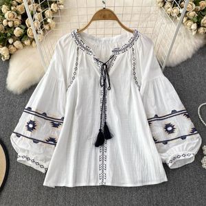 Women's T Shirts Women Casual T-shirt Lace Up Tassel Embroidery O-Neck Loose Pullover Tops Shirt Full Lantern Sleeve Female Outfit Clothing