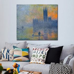 Canvas Art Impressionist Houses of Parliament Fog Effect Claude Monet Landscape Painting Handmade Romantic Home Decor