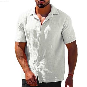 Mäns avslappnade skjortor vita linne casual skjorta män fast färg kort ärm tänd nedkrage knappkartan sommar mode mens topp tröjor streetwear l230715