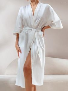 Women's Sleepwear Linad White Robes For Women Loose Three Quarter Sleeve V Neck Pajamas Sashes Patchwork Bathrobe Female Summer Casual