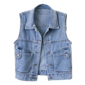 Midja 2023 Kort huva denim Vest Jackor Kvinnor Spring Autumn Pocket Jean Waistcoat ärmlös Tank Schoolgirl Ytterkläder Casual Tops