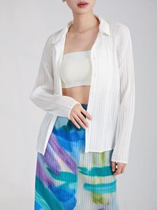 Bluzki damskie Miyake plisowana koszula Kobiety 2023 Koreański stały kolor kolorów single z długim rękawem