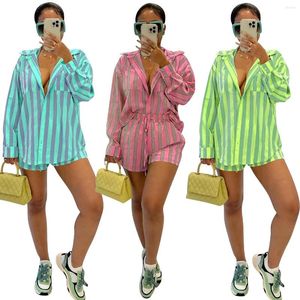 Women's Tracksuits Striped Print Loung Wear Set Long Sleeve Shirt Tops And Drawstring High Waisted Mini Shorts Two Piece Casual Outfits