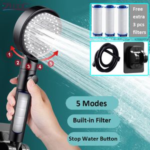 Other Faucets Showers Accs Zloog 5 Mode Bathroom Shower Set Stop Button Black High Pressure Shower Head Water Saving Filter Showerhead Bathroom Accessories 230714