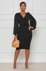 Casual Dresses POFGD 2023 Pure Color Lady Mid Long Dress Design High Street Style Women Sleeve Deep V