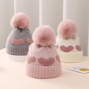 Lovely Pompom Baby Hat Autumn Winter Newborn Infant Beanie Knit Cap Toddler Girls Boys Heart Printed Warm Crochet Bonnet Hats