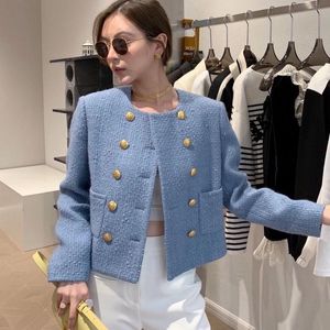 Suits Spring Korean Women's Clothes Pocket Tweed Double Breasted Ladies Coat Ytterkläder Blandningar ull kvinnlig elegant jacka topp