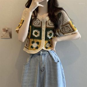 Women's Vests Summer Vintage Design Feeling Hook Flower Hollow Short Sleeve Knitted Cardigan Style Unique Top For Women