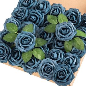 Dekorativa blommor mefier dammiga blå konstgjorda rosor 25st realistiska falska skum rose w/stam för diy bröllop buketter hem dekoration