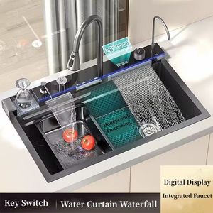 Kitchen Sinks 304 Stainless Steel Waterfall Kitchen Sink Large Single Slot Integrated Digital Display Faucet Set Soap Dispenser Cup Washer 230714