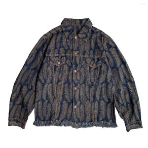 Men's Jackets Kapital Vintage Japan Style Feather Jacquard Tassel Cotton Slim Denim Jacket Men's Casual Long Sleeve Pocket Decorative