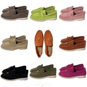 Designer Loro Piana Kvinna Casual Shoe Men Suede Pianas Leather Pink Shoe Little Gold Lock Travel Man Sneaker foder gummi Sole Black Suede Shoe Tail med låda storlek 35-45