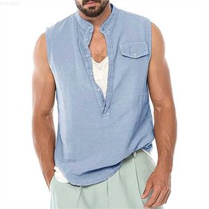 Men's Tank Tops Casual Men's Cotton Linen Tank Tops Summer Vintage Buttoned Solid Color Sleeveless Camisole Men Clothes Fashion Loose Vest Shirt L230715