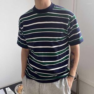 Herr t -skjortor sommar randig tryck kort ärm o nack män mode vintage casual harajuku överdimensionerade toppar tee dagliga kontor streetwear