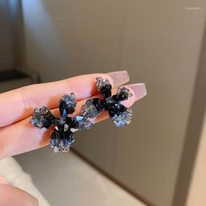 Stud Earrings Korea Black Crystal Gradient Flower For Women Enamel Luxury Statement Boucle Oreille Fine Jewelry Gifts