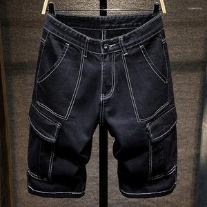Mäns shorts sommarkläder för män svart denim multi-pocket rak baggy fritid mode skarvtagning mens last korta jeans