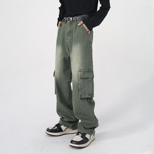 Men's Jeans HOUZHOU Green Cargo Distressed Vintage Denim Trousers Male Wide Leg Pants Men Streetwear Retro Oversize Casual Hip Hop