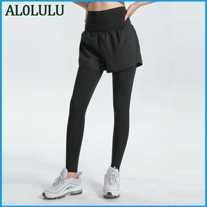 AL0LULU Yogahosen Damen Hohe Taille Gefälschte Zweiteilige Bauch-Fitnesshose Schnelltrocknende Oberbekleidung Enge Laufsporthose