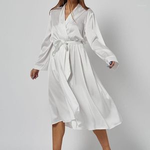 Women's Sleepwear Bridesmaid Robes Women Full Sleeve Satin Sleep Robe With Belt Casual Soft Lace-Up Pocket Loungewear Loose Nightgown