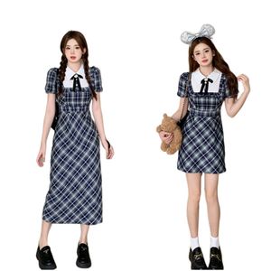 Süßes Damen-College-Kleid im Preppy-Stil mit kurzen Ärmeln, kariertem Druck, schmaler Taille, SMLXLXXL3XL4XL