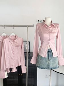 نساء Polos AOI2000S Y2K الصيف حجم كبير في مثيرة قميص قصير الأكمام القميص الوردي نساء كوريا على غرار زر كوزبلاي ملابس أنثى الملابس