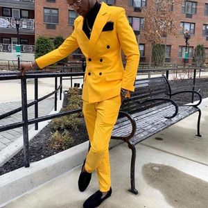 Men's Suits Arrival Yellow Double Breasted Wedding For Men Slim Fit 2 Pieces Groom Tuxedos Custom Made Prom Party