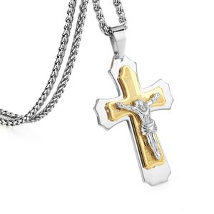 Pendant Necklaces Heavy Stainless Steel Jesus Cross Pendant Necklaces Men Jewelry Christ Crucifix Link Chains Religious Body collare Gifts MN207 230714