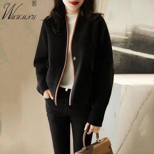 Suits Elegant Vneck Short Woolen Coat Women Korean Fashion Color Contrast Single Button Cardigan Autumn Ol Style Office Lady Jackets