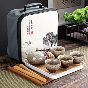 Taças de vinho com bolsa de viagem 4 xícaras conjunto de chá Kung Fu chinês para viagem bule de chá portátil de porcelana ferramenta Gaiwan 230714