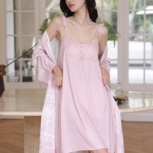 Pigiameria da donna Summer Pink Twinset Robe Set Camicia da notte Donna Stampa Kimono Accappatoio Abito da casa in raso di seta allentato Abbigliamento da salotto