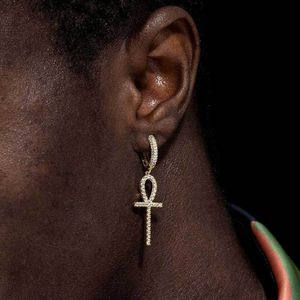 Hip Hop rapper Men Women Stud Earrings Jewelry Ankh key 18K Gold Silver Ankar Full Diamond zircon earrings night club Jewelry accessories 1460