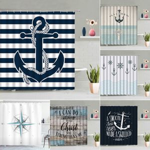 Shower Curtains Mediterranean Sea Anchor Shower Curtain Nordic Beam Ship Bathroom Waterproof Wall Hanging Curtain Hook Home Decoration 230714