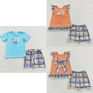 Clothing Sets Wholesale Matching Boy Girl Summer Outfit Cotton Short Sleeves Embroidey Cock Shirt Children Plaid Pocket Shorts Kid Toddler Set 230714