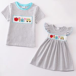 Family Matching Outfits Girlymax Back To School Summer Baby Girls Boy s Sibling Boutique Clothes Stripe Smocked Dress T shirt 230714