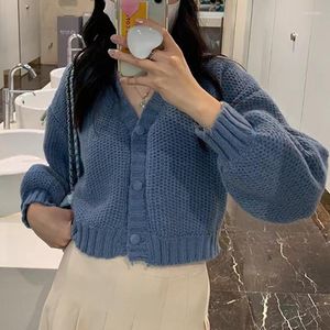 Women's Knits Cropped Knitted Cardigans Women V-Neck Long Sleeve Casual Autumn Jumpers Vintage Single Breasted Sweater Harajuku Korean