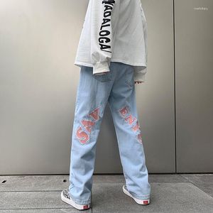 Herrbyxor raka hiphop -mens bokstäver tryck på baggy y2k streetwear 90 -tal breda ben jeans vintage lös denim manliga modebyxor