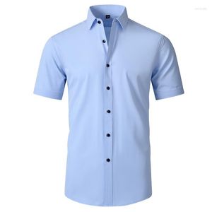 Camisas sociais masculinas de manga curta para homens de verão, respiráveis, camisas casuais de negócios, cor sólida, ajuste fino, sem passar a ferro, festa de casamento, chemise homme