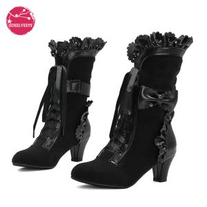 Bottes Hiver Filles Lolita Faux Daim Bottes Mi-mollet À Talons Hauts À Volants Garniture Princesse Japonaise Cosplay Chaussures De Fête Vintage Doux Kawaii 230714