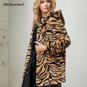 Casacos tigre estampestas de pele falsa mulher 4xl leopardo jaqueta de pêlo de manga longa bolsos com capuz de peles de pele de inverno longa moda de pele fora