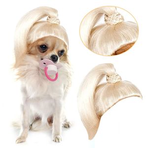 Cachorro Vestuário Loira Peruca Pet Gato Cosplay Perucas rabo de Cabelo Dourado Adereços para Festa de Férias Bonito Confortável Chapéu Ajustável Moda P3 230714