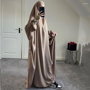 Ethnic Clothing Full Length Jilbab One-piece Prayer Dress Hooded Abaya Smocking Sleeve Islamic Muslim Women Dubai Saudi Robe Modesty