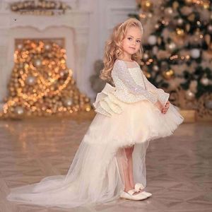 Платья для девочек Pufle Sequin Mesh Ball Gown Girl Plares Distry Sliers Fluth Girl Dress Glitter Bow Узел Принцесса Год рождения 230714