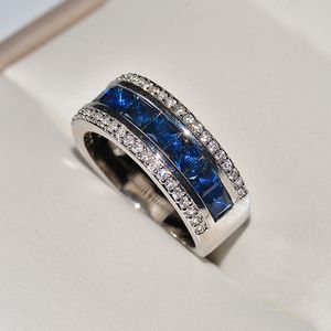 Обручальные кольца 925 Кольцо из печать пальца с круглой синей квадратной кубической цирконии