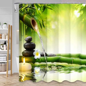 Duschgardiner grön bambu zen duschgardiner set stenar och orkidéer blommor polyester tyg badgardin med badrumsdekor