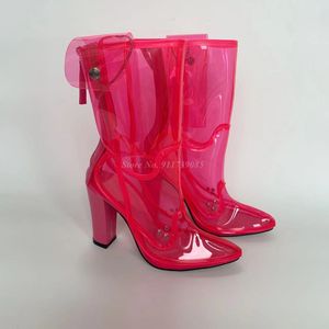 Boots Green Rose Red Pvc Mid Calf Boots Women Chunky High Heel Half Boots for Lady Half Rain Boots Back Zipper Mid-Tube Shoes Female 230714