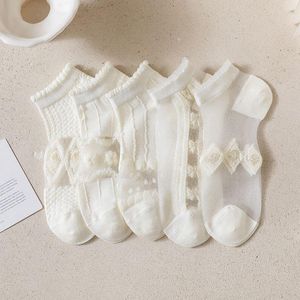 Women Socks 5 Pairs/set White Series Summer Thin Crystal Silk Short Sweet Girls Lace Lolita Ankle Boat Casual Low Cut Sock